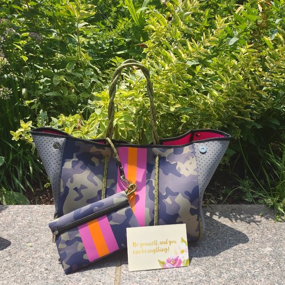 Grey Camo with Pink and Orange Stripe Neoprene Bag - Picture 3 of 7